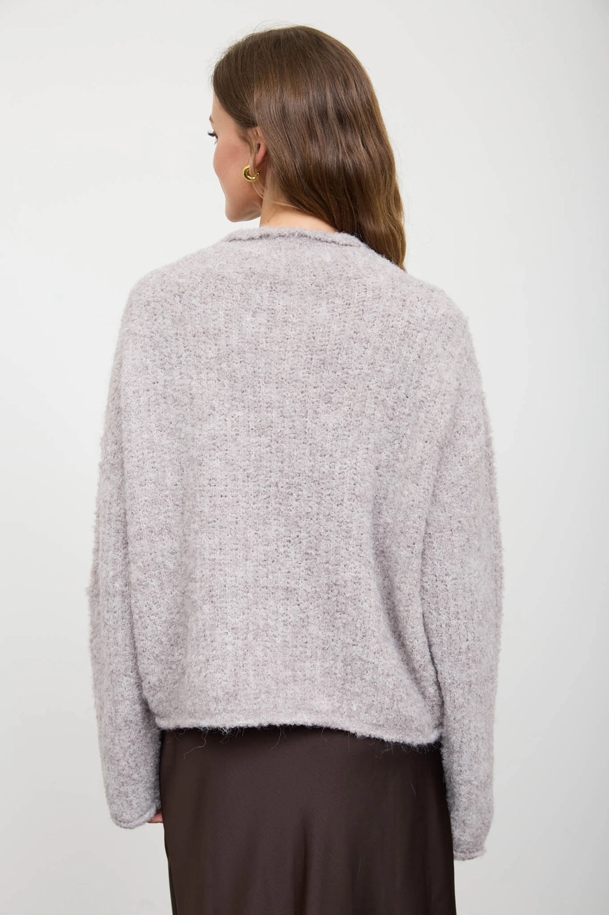 Fuzzy Knit Raw Mock Neck Long Sleeve Knit Sweater - Light Taupe