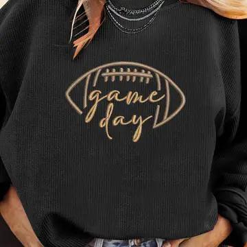 Apricot Rugby Game Day Embroidered Corduroy Sweatshirt
