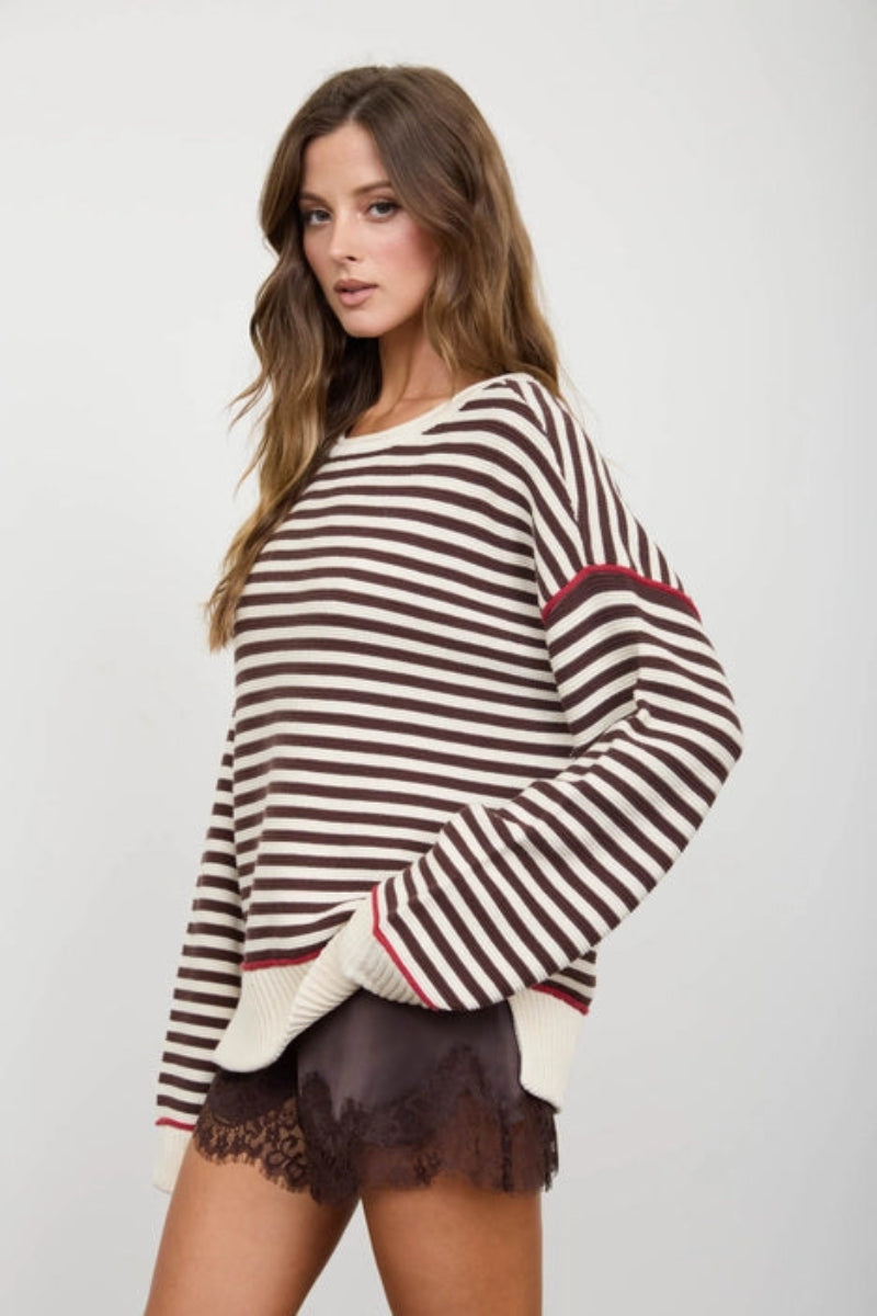 Stripe Contrast Stitch Raw Edge Knit Sweater - Side View