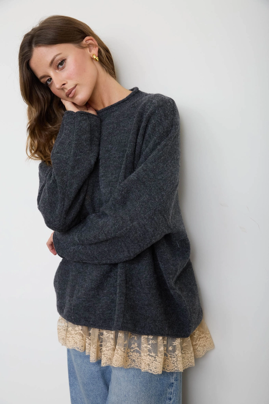Heathered Checkered Texture Long Sleeve Sweater - Charcoal