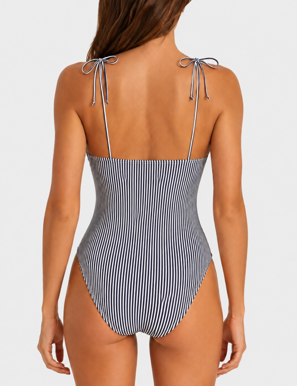 Ladies Stripe Front Bow Detail One Piece Swimsuit - Black