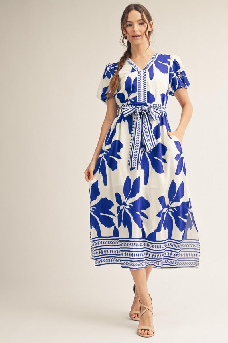 Side Slit Hem Tropical Floral Midi Dress - Royal