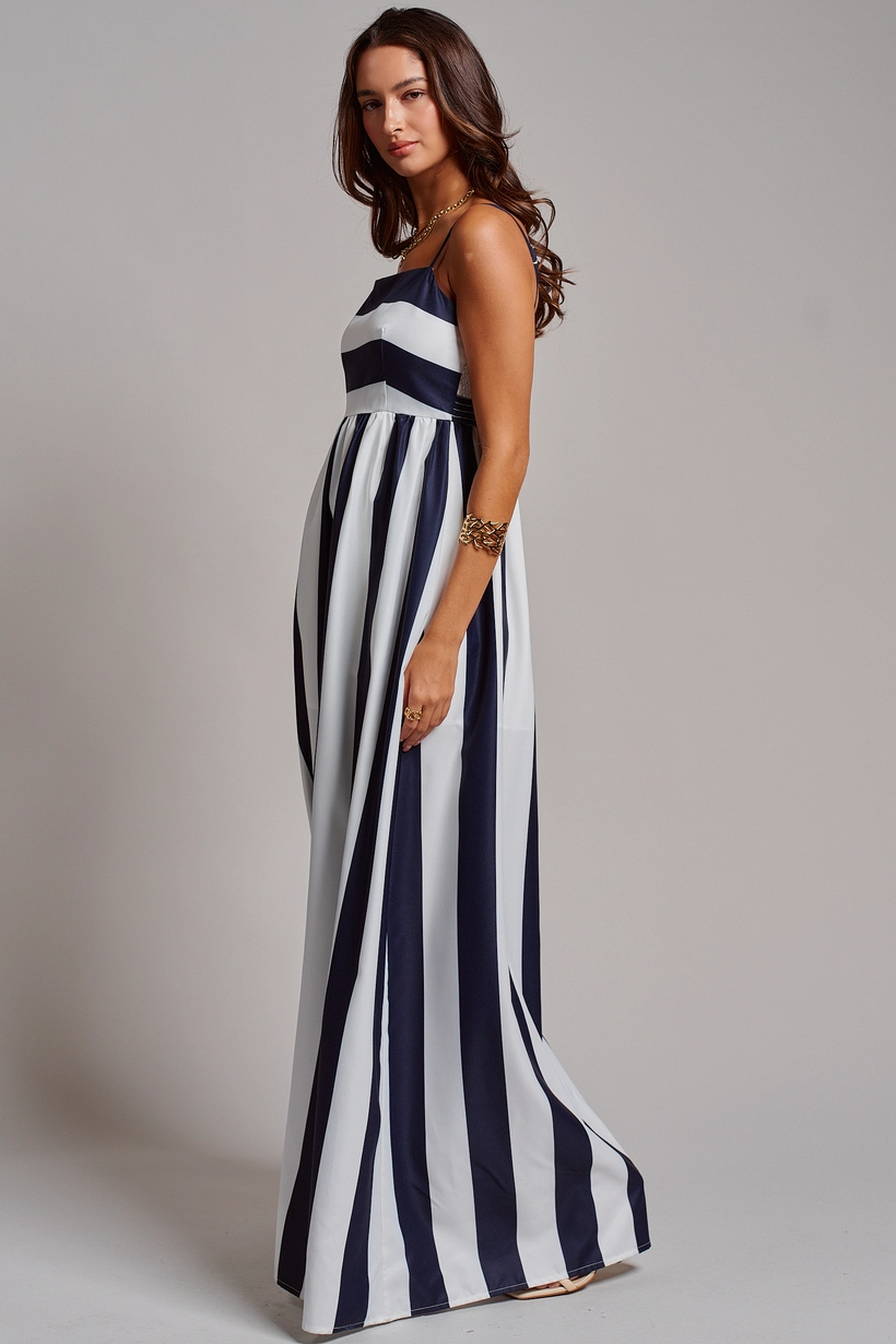 Vertical Stripe Smocked Back Maxi Dress - Ivory Navy