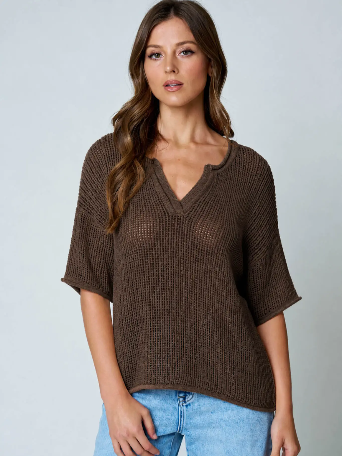 Split Neck Short Sleeve Sheer Crochet Knit Top