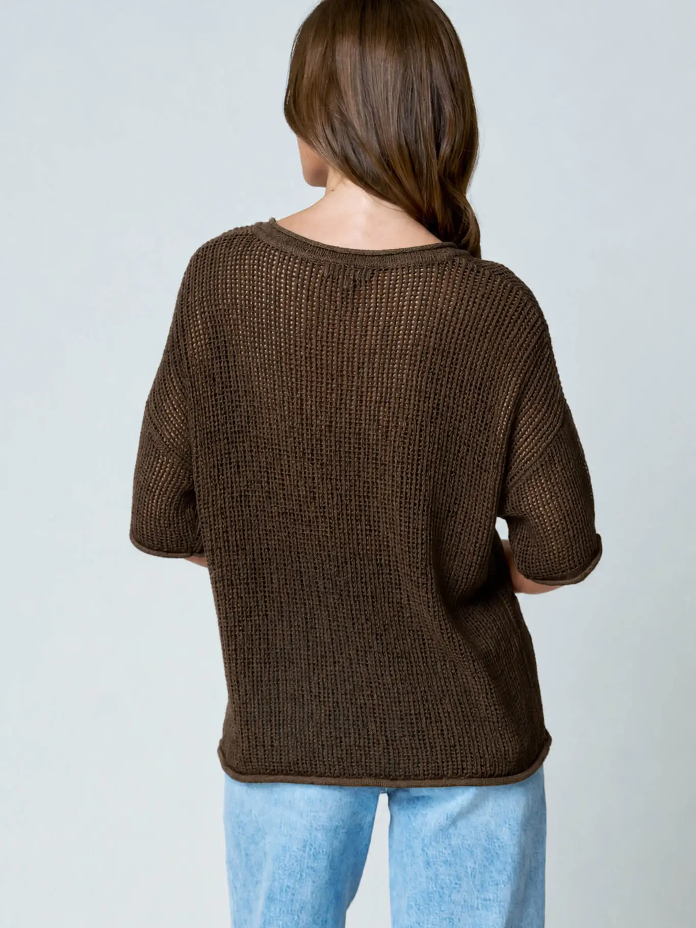 Split Neck Short Sleeve Sheer Crochet Knit Top