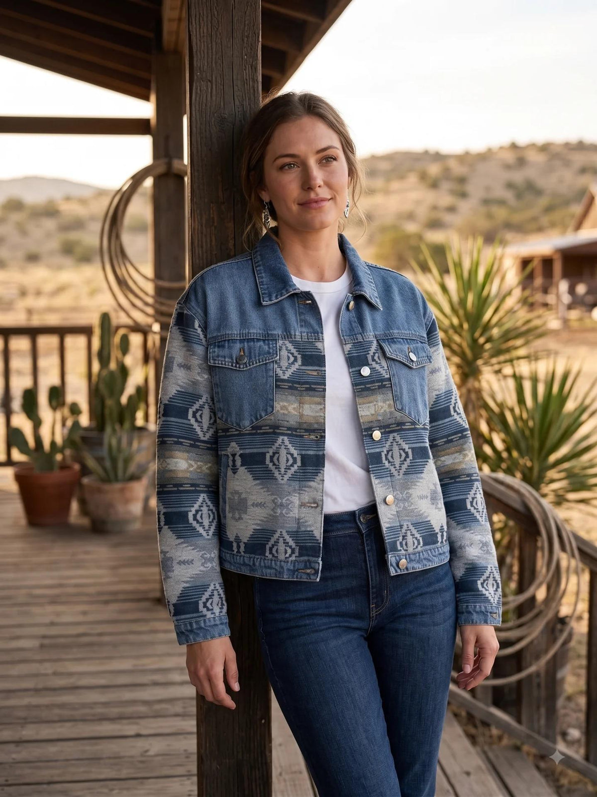 Ladies Denim and Aztec Jacket - Multi Print