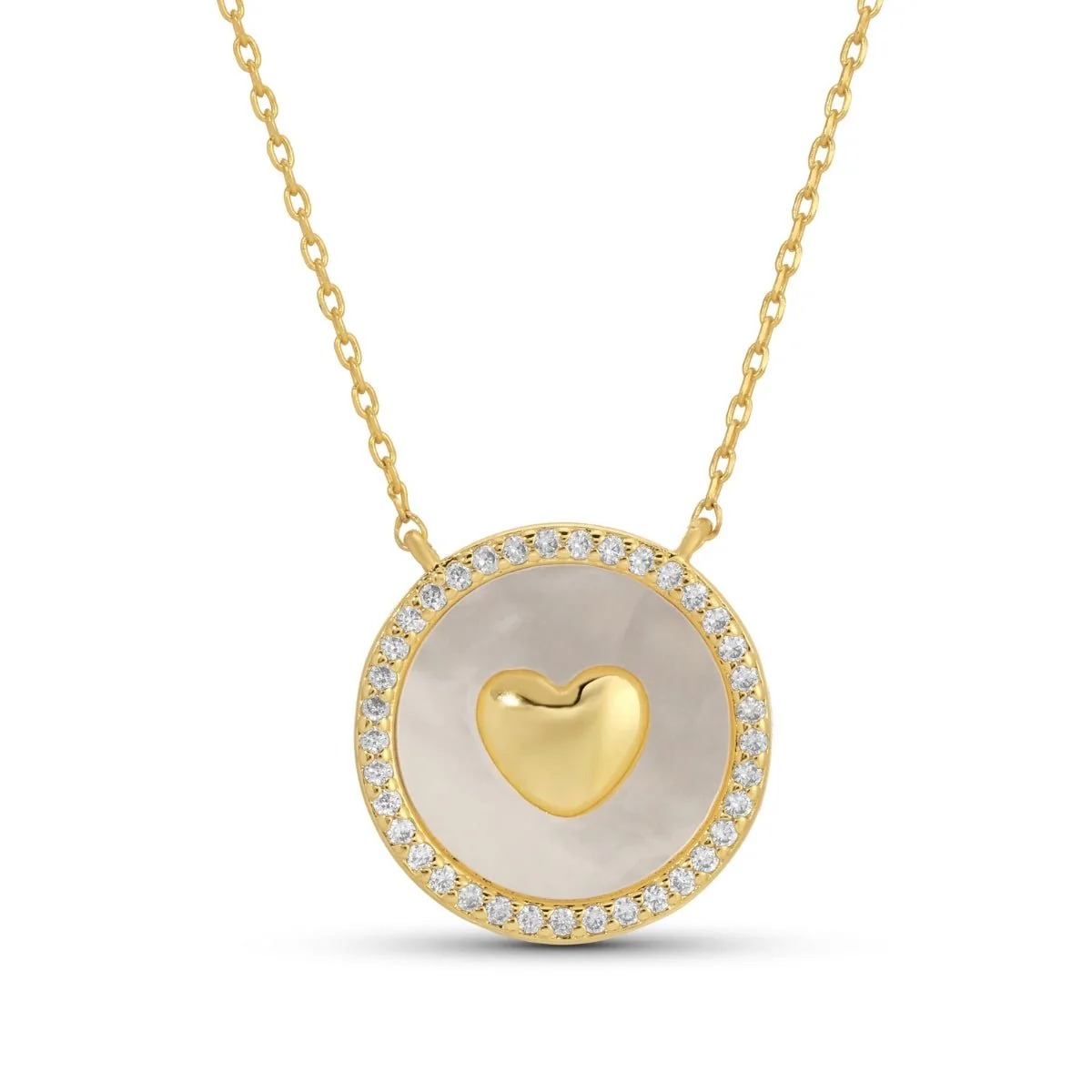 Necklace - Round pave lined shel pendant with heart in the center - Gold