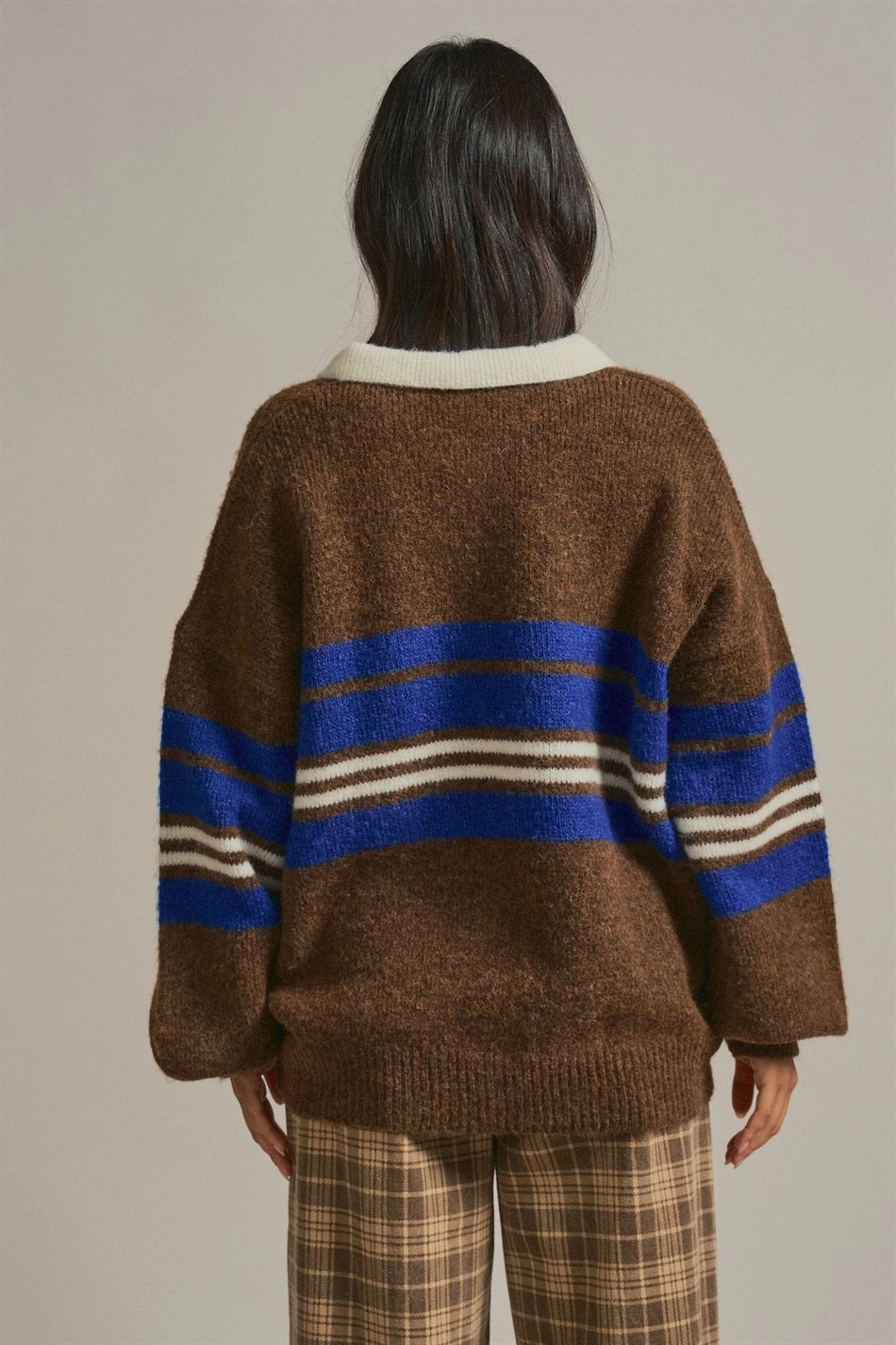 Striped Rugby Polo Sweater with Contrast Collar - Brown