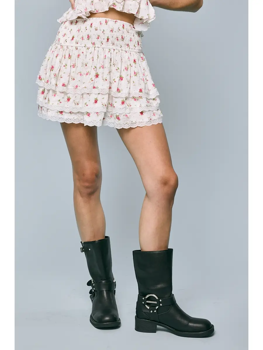 Rose Fusia Smocked Triple Tiered Lace Mini Skirt