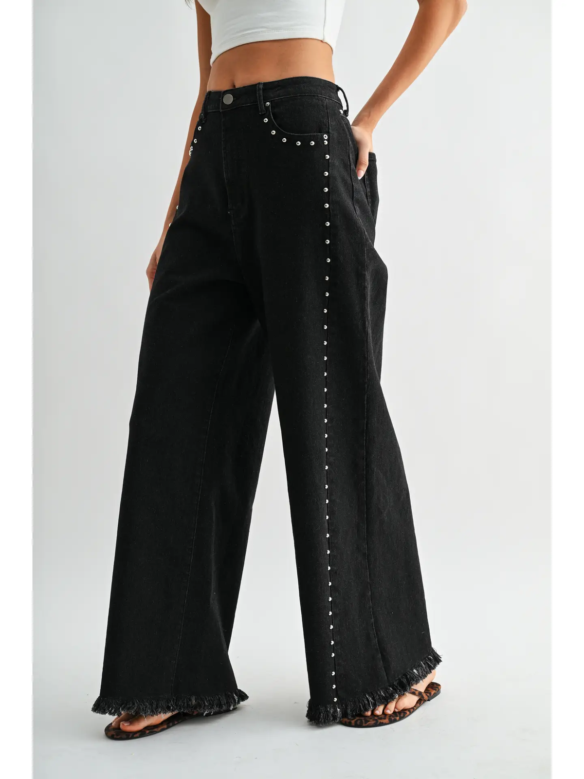 Camellia High Waisted Wide-Leg Denim Stud Pants