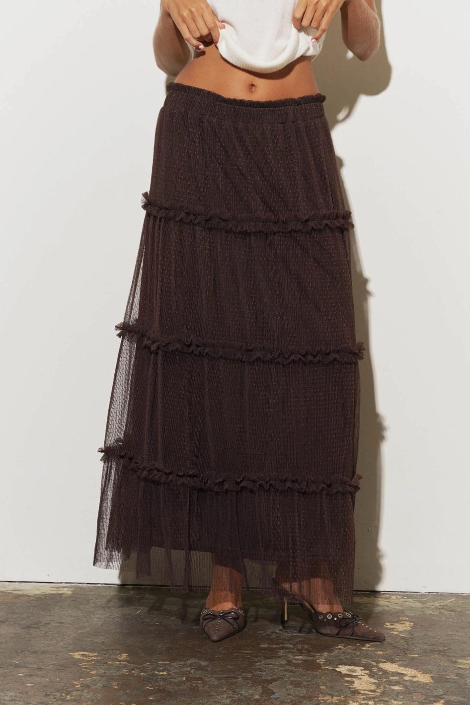 Polkadot Tulle Tiered Midi Skirt - Chocolate Brown