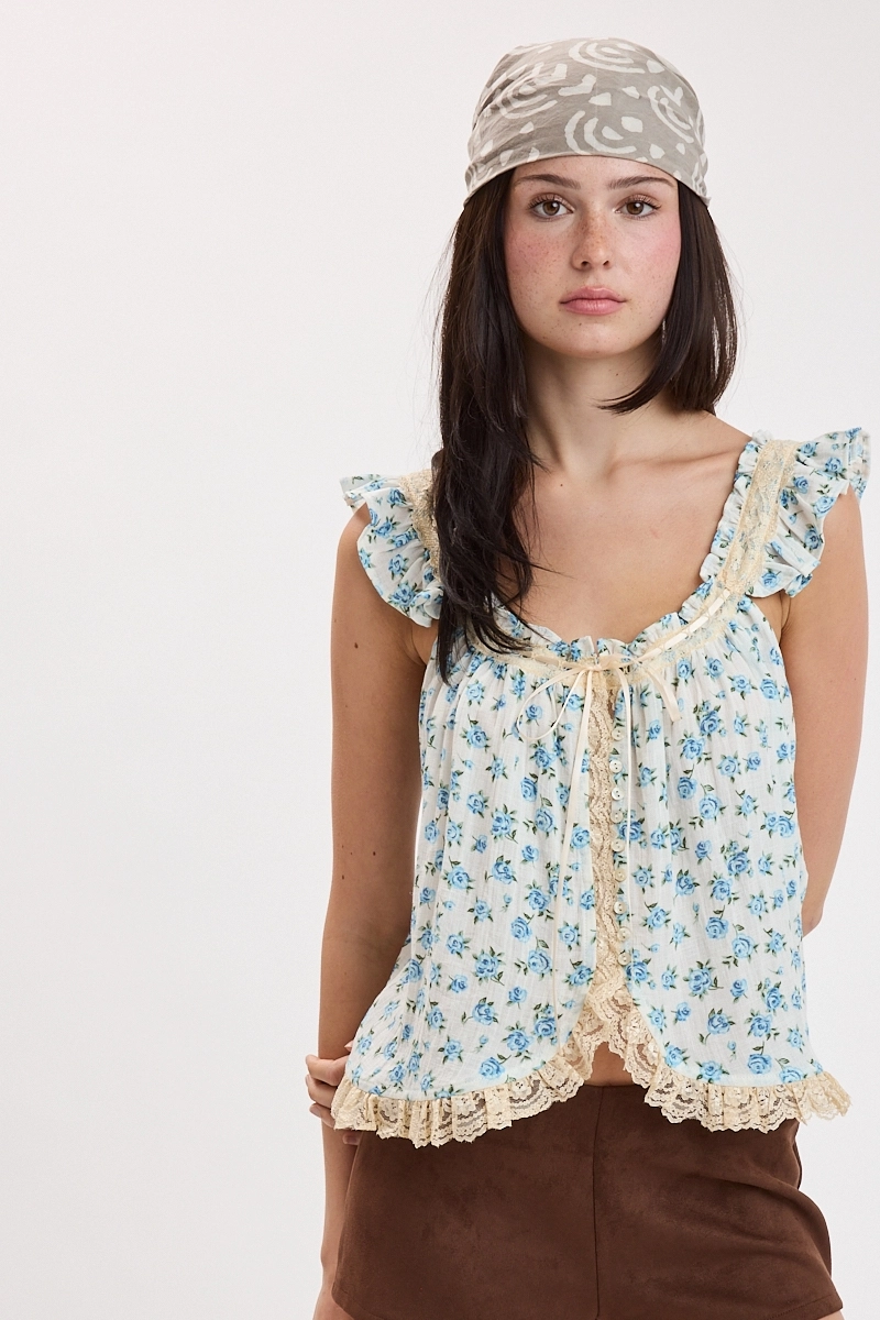 Vivid Ditsy Floral Ruffle Wing Sleeve Cami Top - Blue Vivid