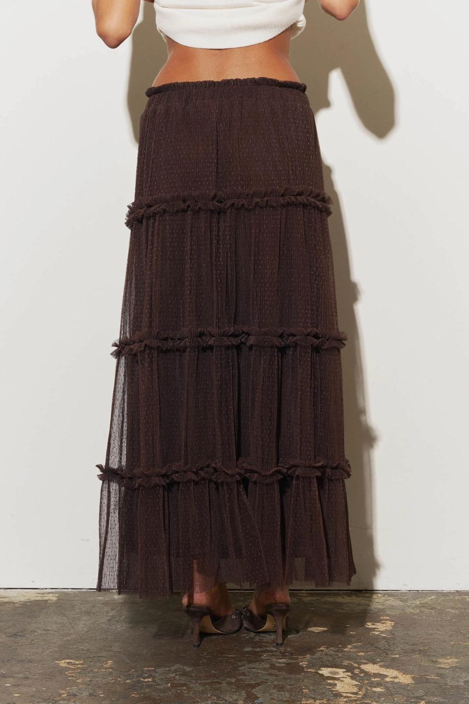 Polkadot Tulle Tiered Midi Skirt - Chocolate Brown