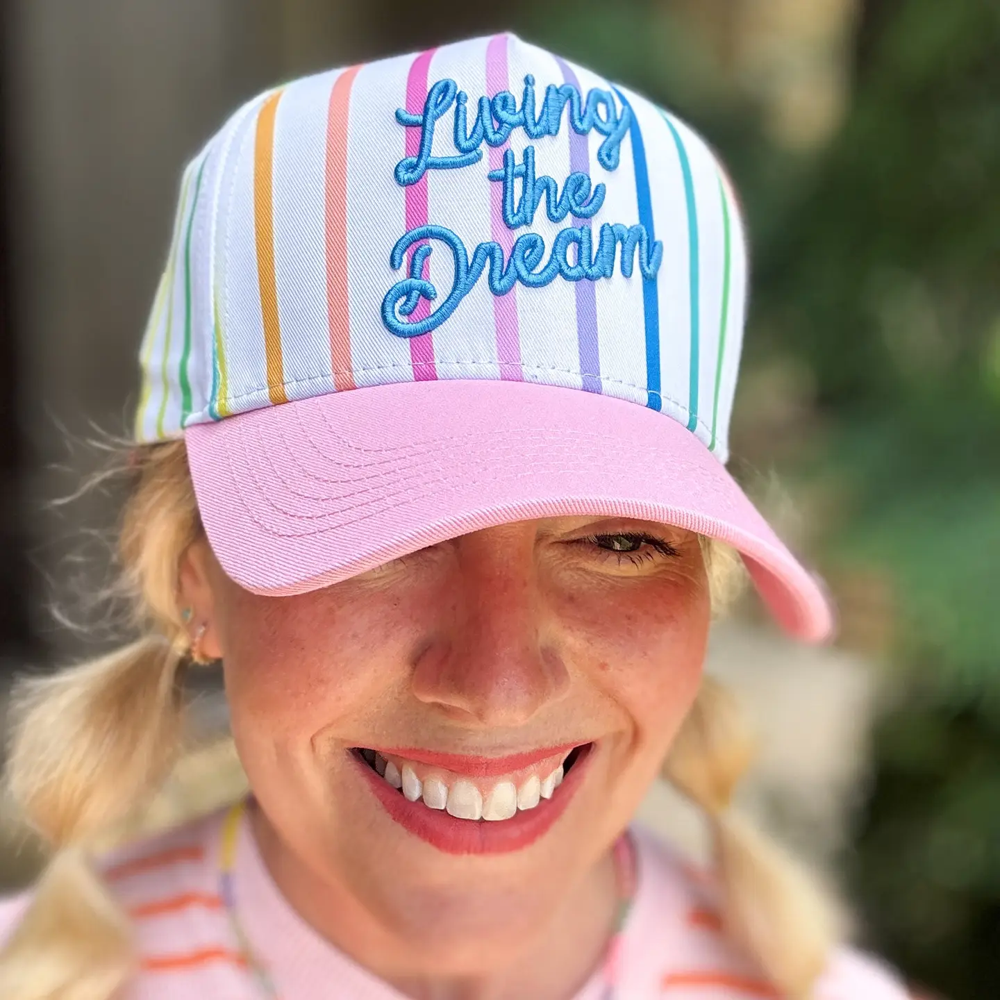 Embroidered Baseball Cap -"Living the Dream"-Colorful + Pink