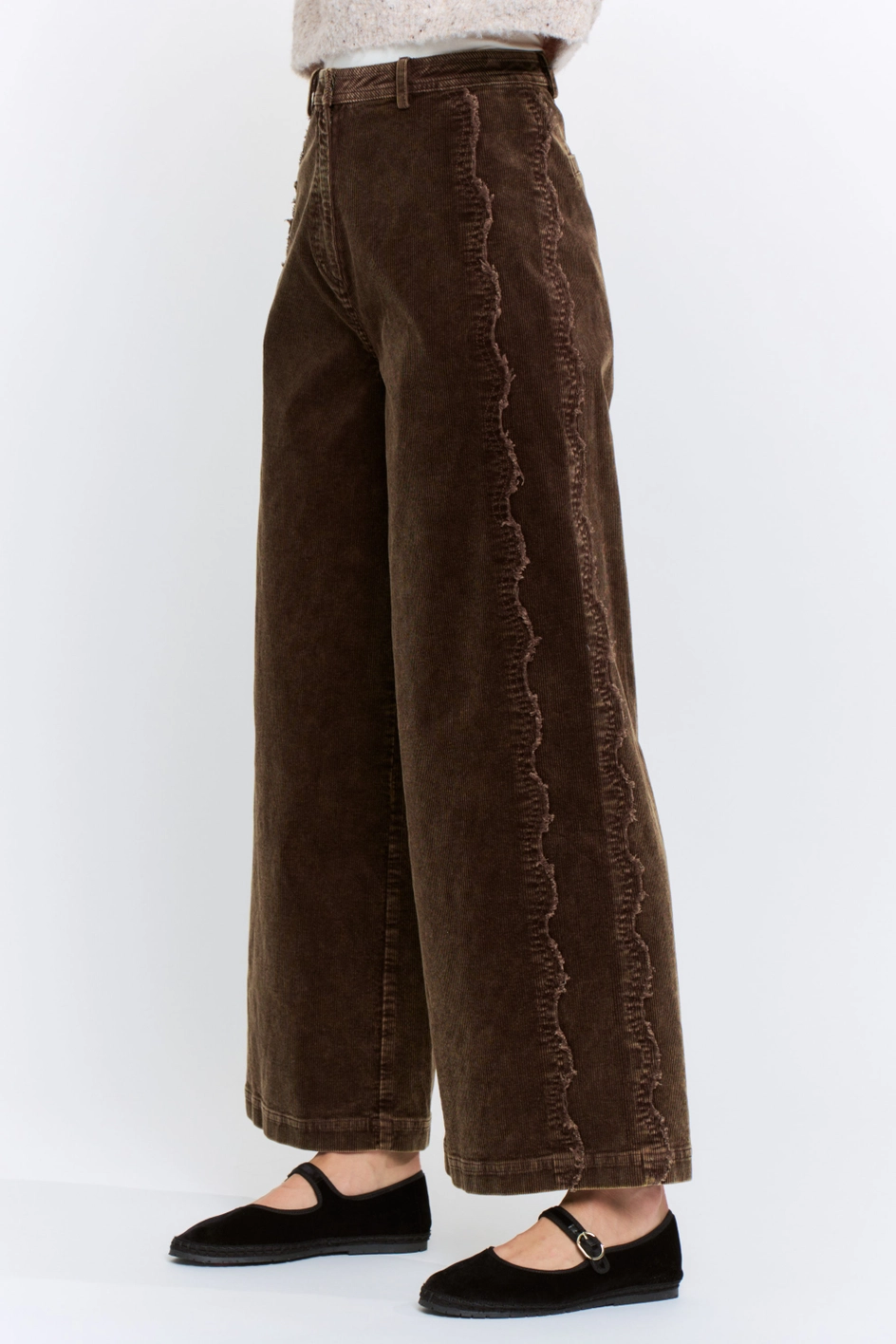 Wide-Leg Corduroy High-Rise Scalloped Trousers - Brown