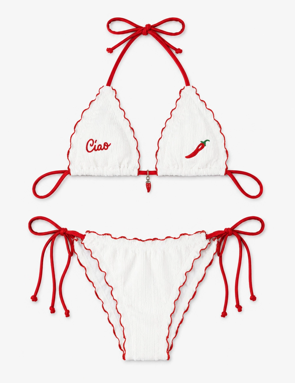 Chili Embroidered Halter Triangle Bikini Top - White