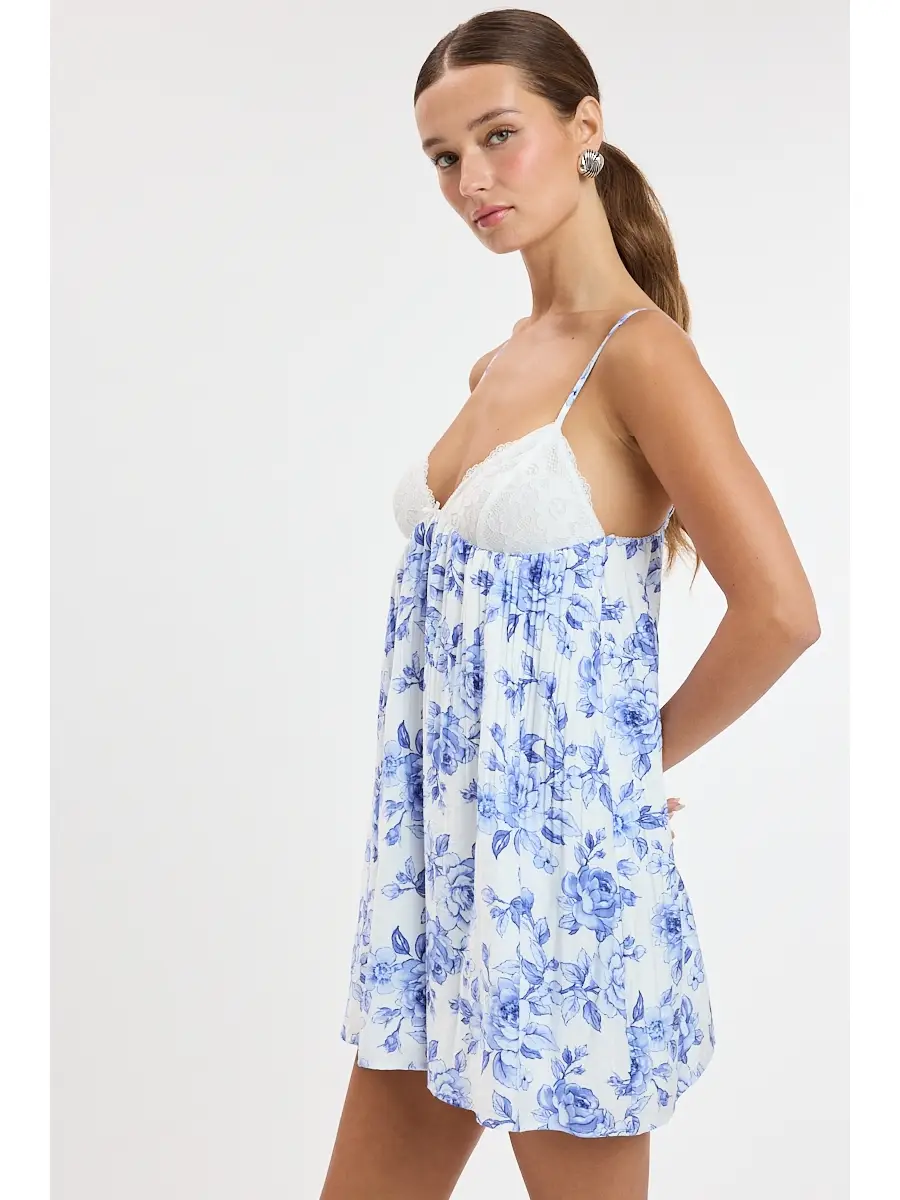 Lace Sweetheart Vivid Camellia Swing Mini Dress - Blue Camellia