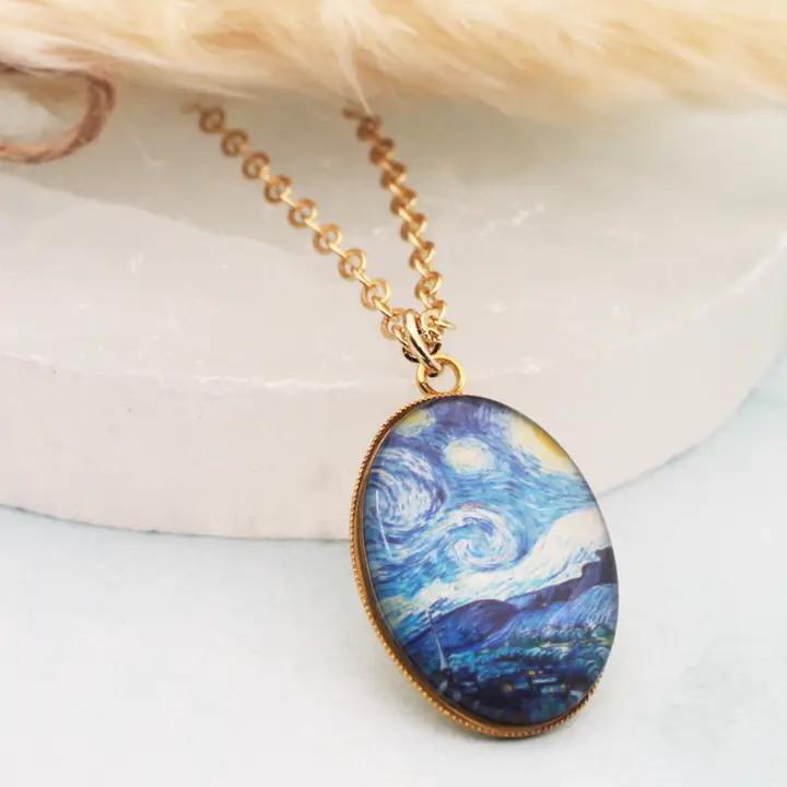 Starry Night Print Gold Oval Fine Art Necklace