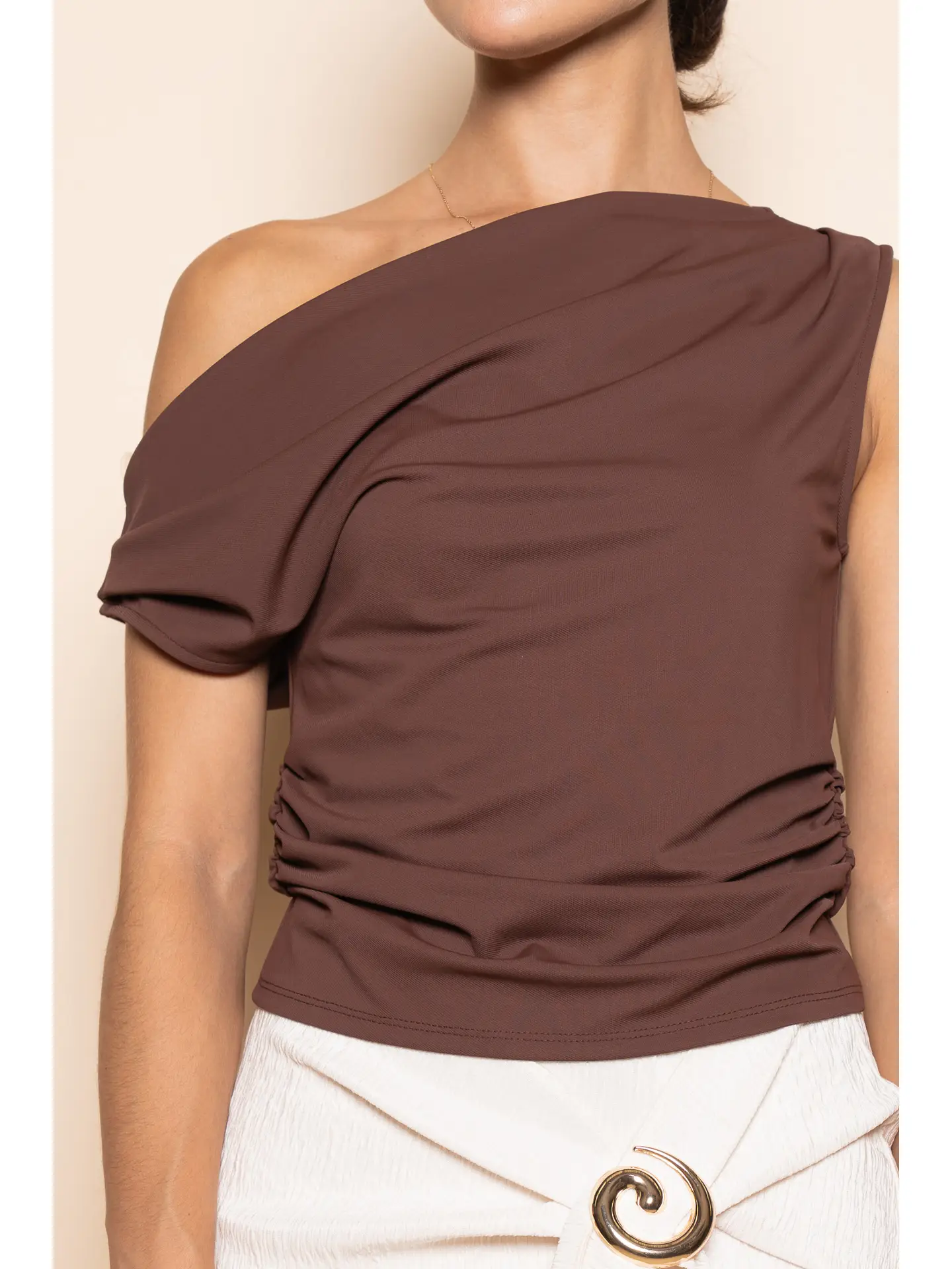 Asymmetrical One Shoulder Top - Brown