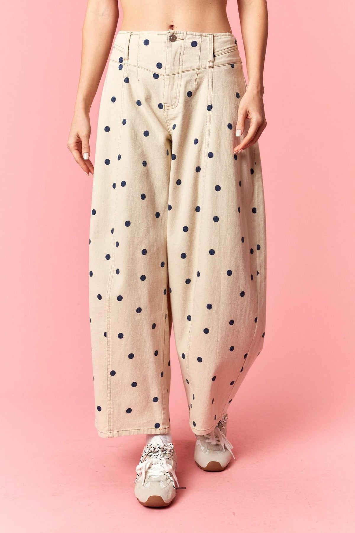 Polka Dot Printed Twill Western Waist Deatailed Barrel Pants