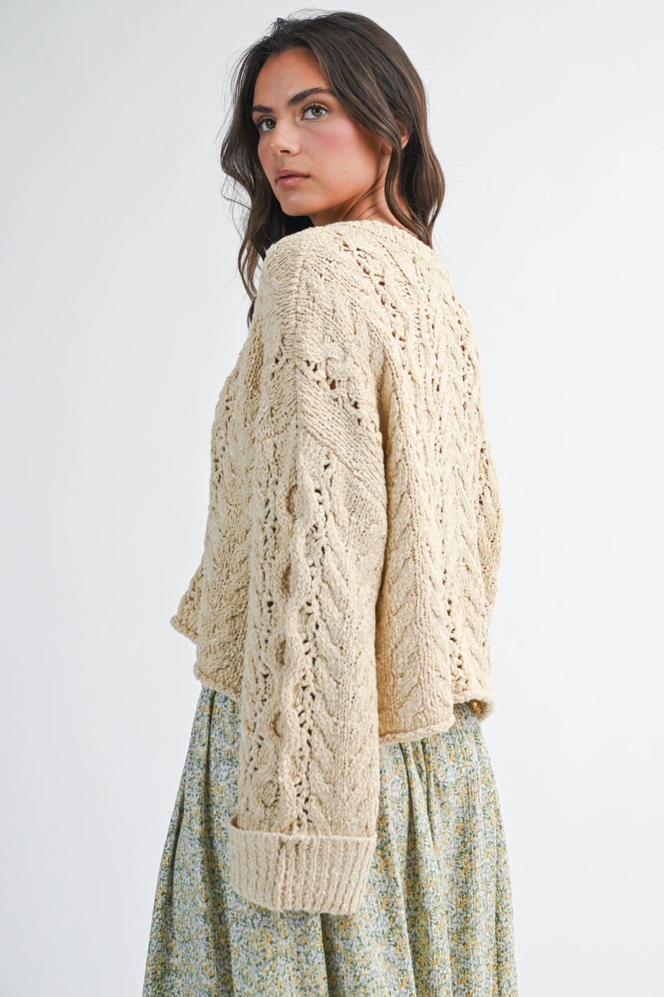 Textured Cropped Henley Knit Sweater