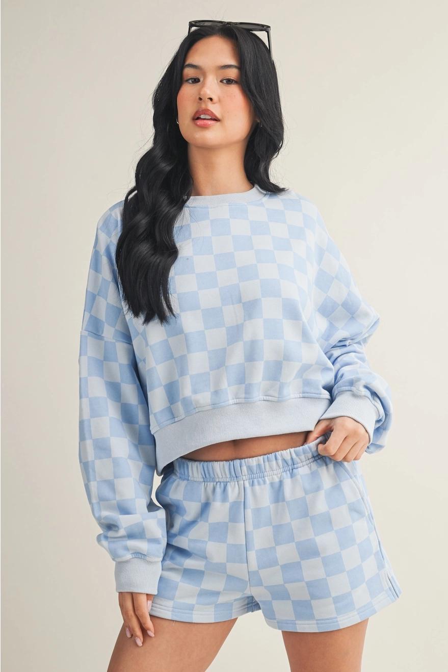 Checkered Print Crewneck Crop Sweatshirt