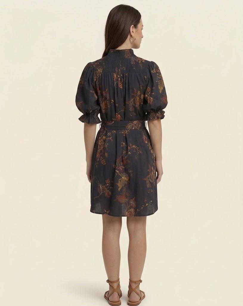 Floral Puff-Sleeve Belted Mini Dress - Black