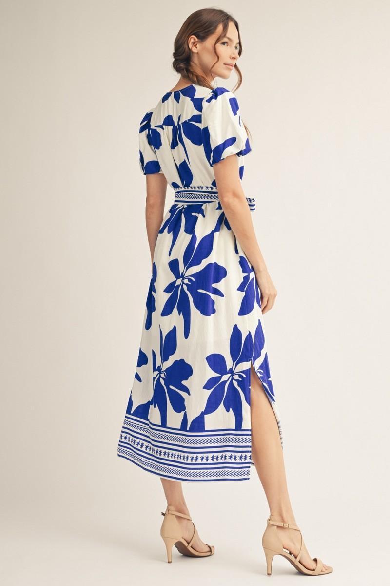 Side Slit Hem Tropical Floral Midi Dress - Royal