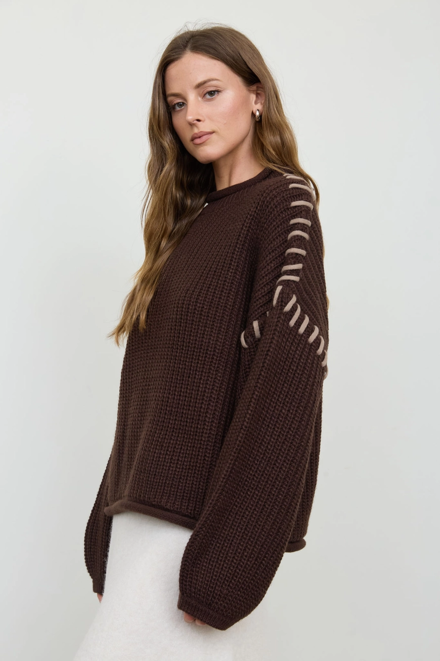 Contrast Stitch Detail Mock Neck Chunky Sweater - Chocolate