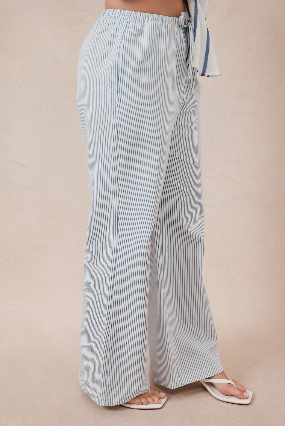 Midi Waist Draw String Stripe Twill Wide Pants - White/Blue Stripe