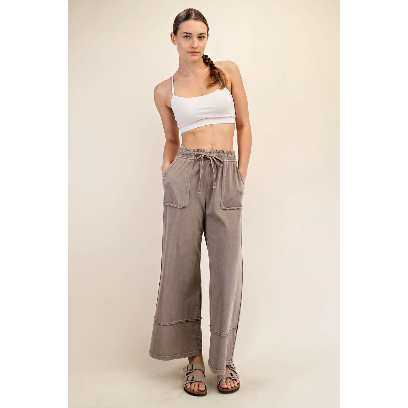 Mineral Washed Wide Leg Pant - Mocha