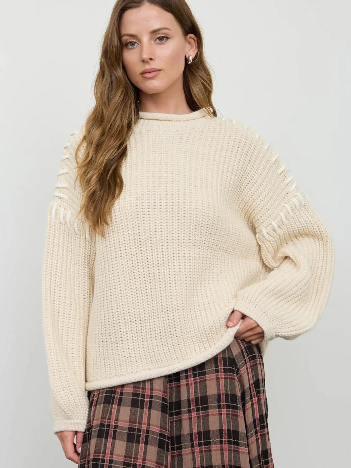 Contrast Stitch Detail Mock Neck Chunky Sweater