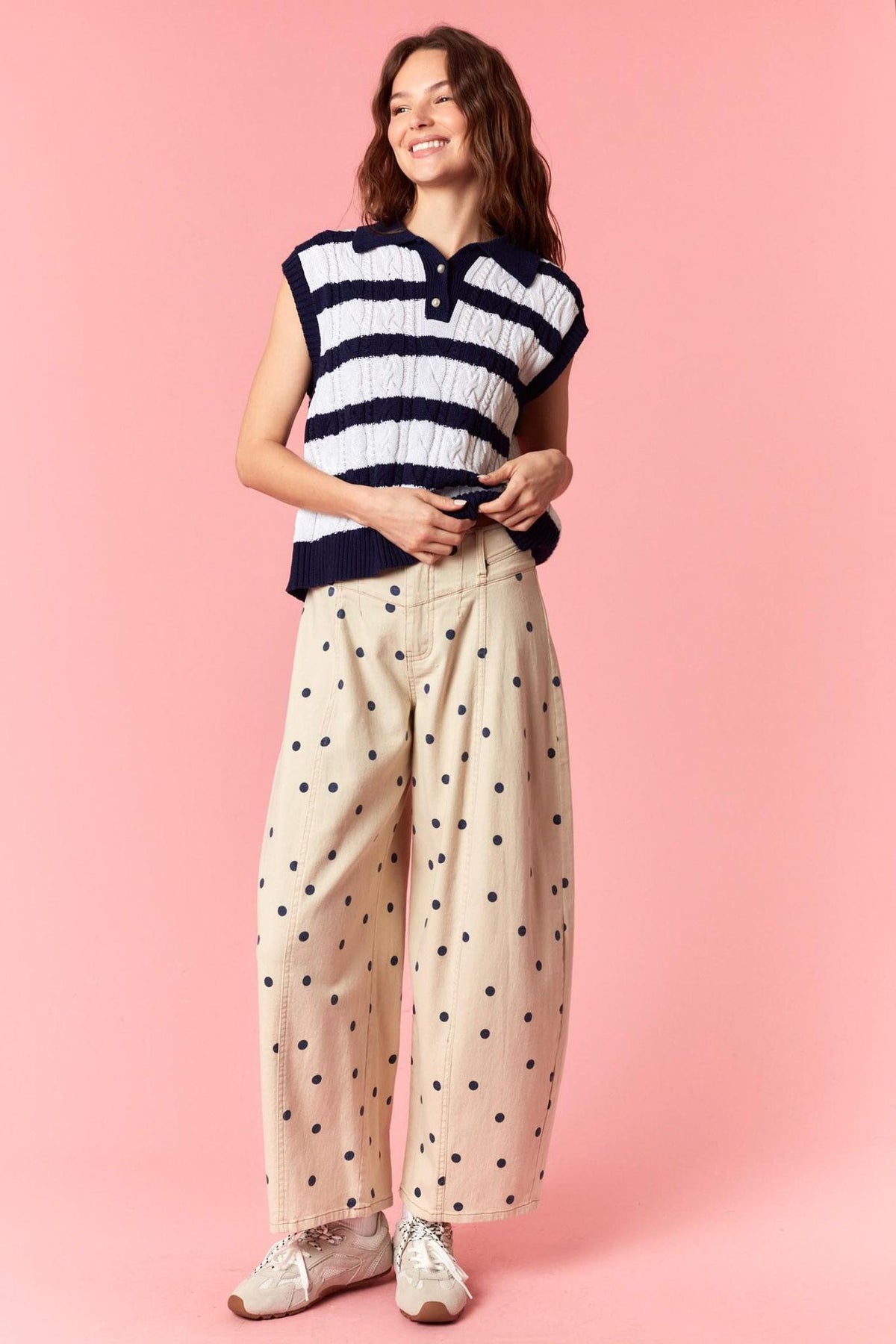 Polka Dot Printed Twill Western Waist Deatailed Barrel Pants