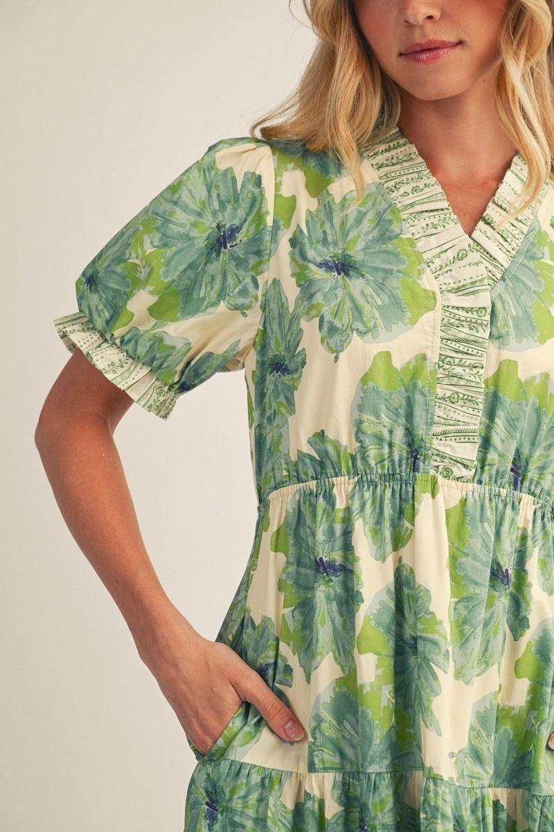 Ruffled Neckline Tiered Floral Midi Dress - Green Mix