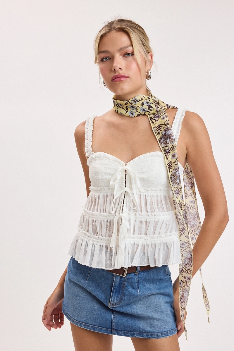 Clip Dot Sweetheart Tiered Ruffle Trim Cami Top