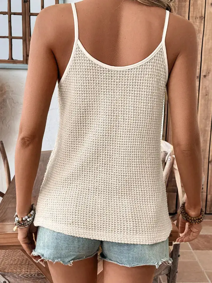Women's Crochet Knit V Neck Camisole Trim Tank Top - Off White