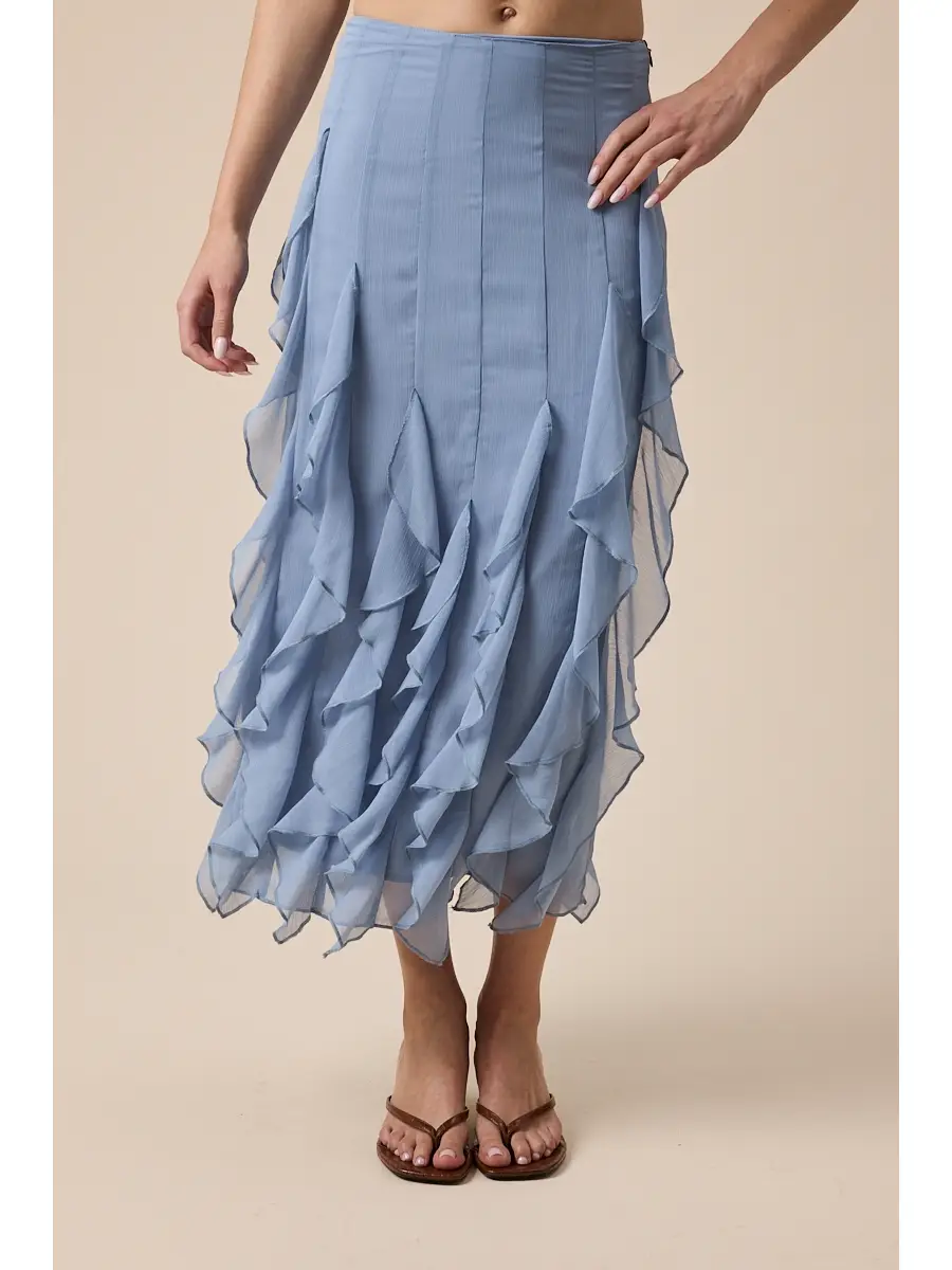 Sheer High-Waist Tiered Ruffle Lace Midi Skirt