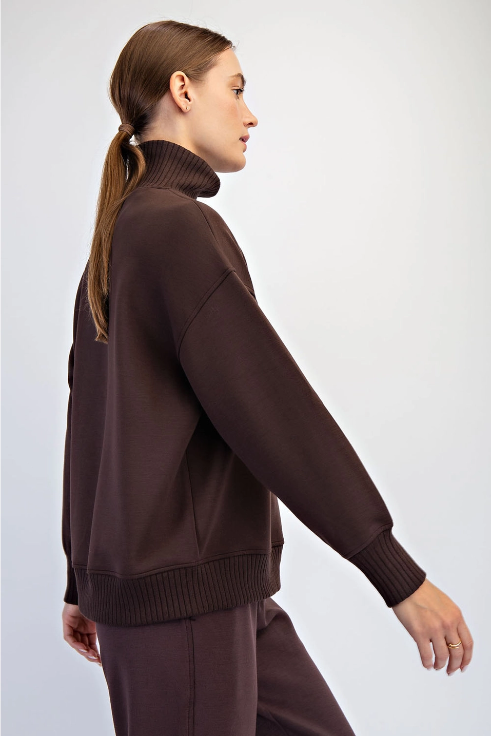 Modal Scuba Ribbed Mock Neck Pullover - Espresso