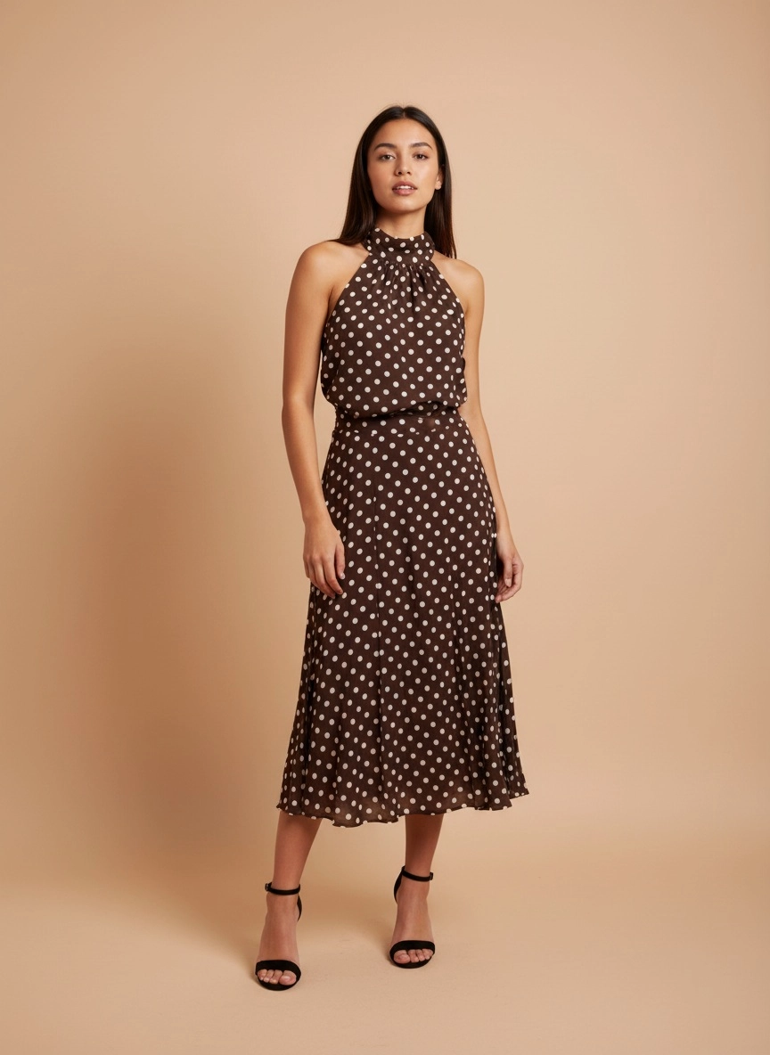 Brown Polka Dot Pleated Chiffon Midi Skirt