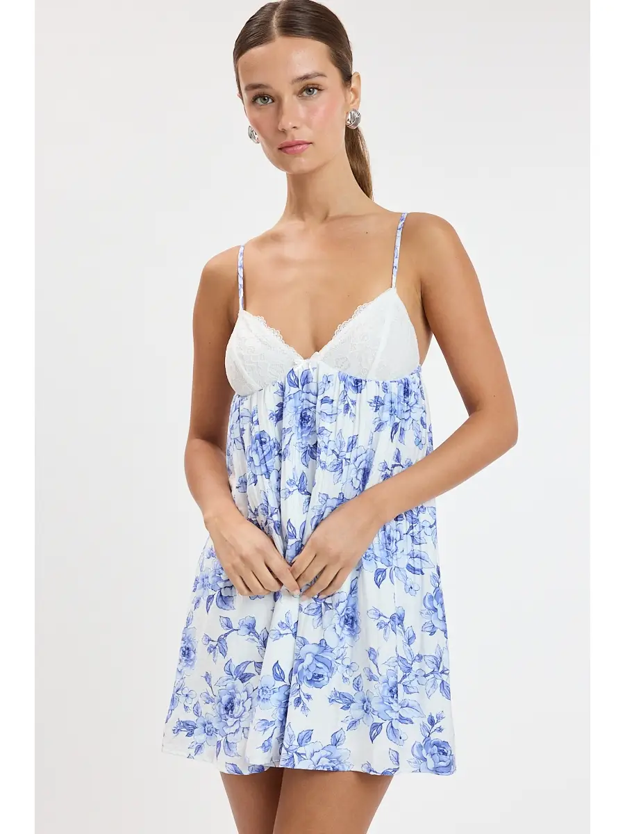 Lace Sweetheart Vivid Camellia Swing Mini Dress - Blue Camellia