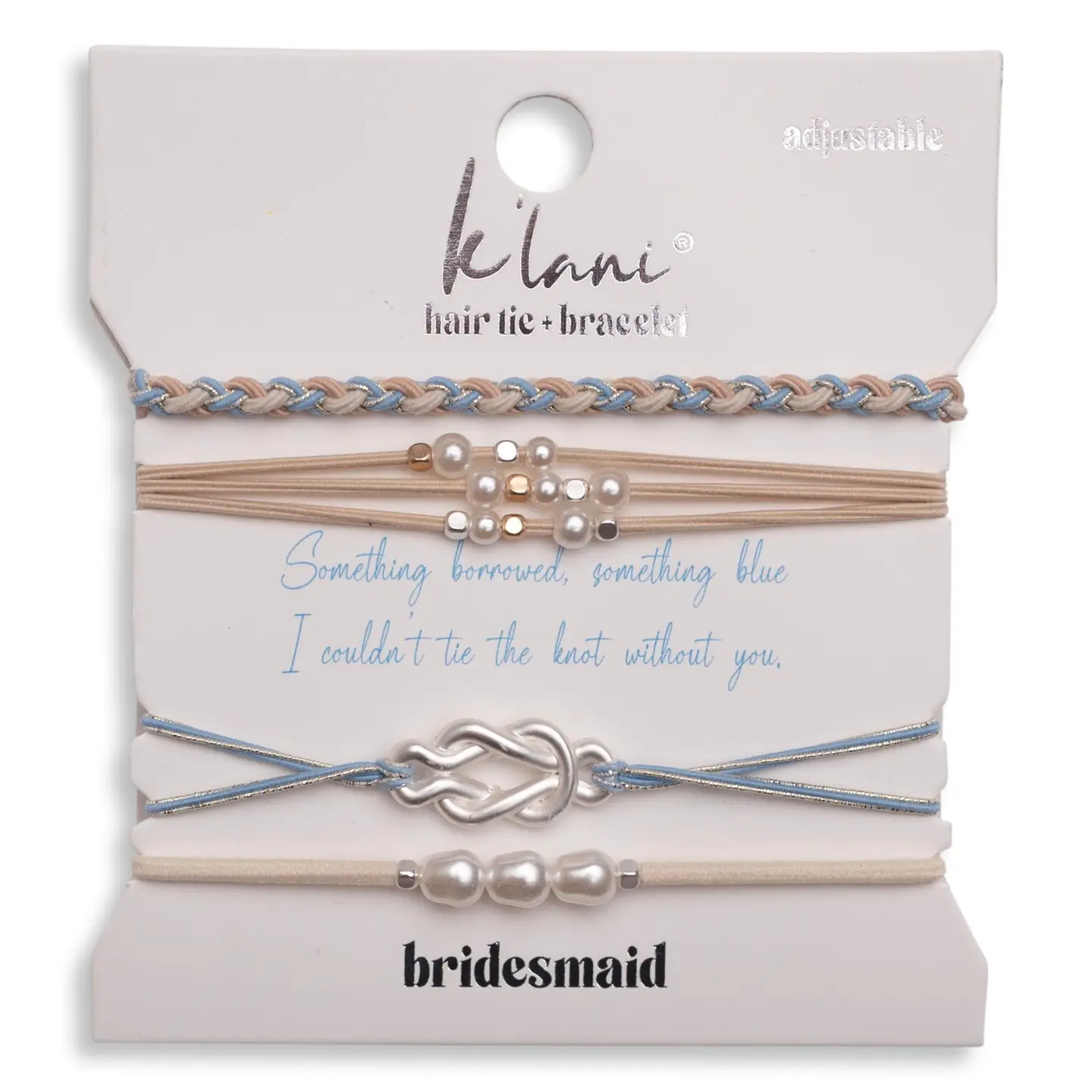 "Bridesmaid" Cream & Blue with Pearl Accent Adjustable Hair Tie Bracelets