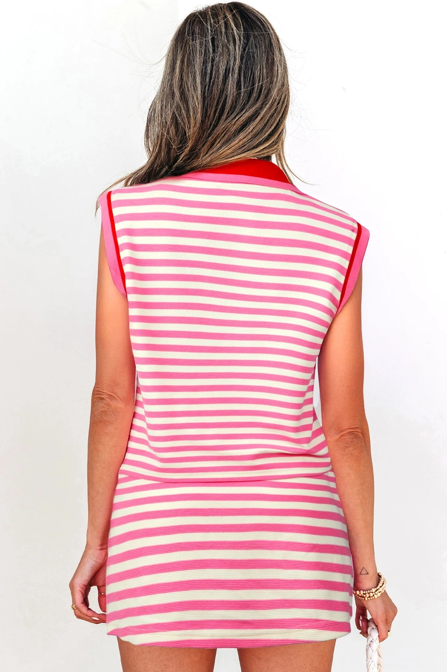 Textured Stripe Print Zip Collar Sleeveless Top