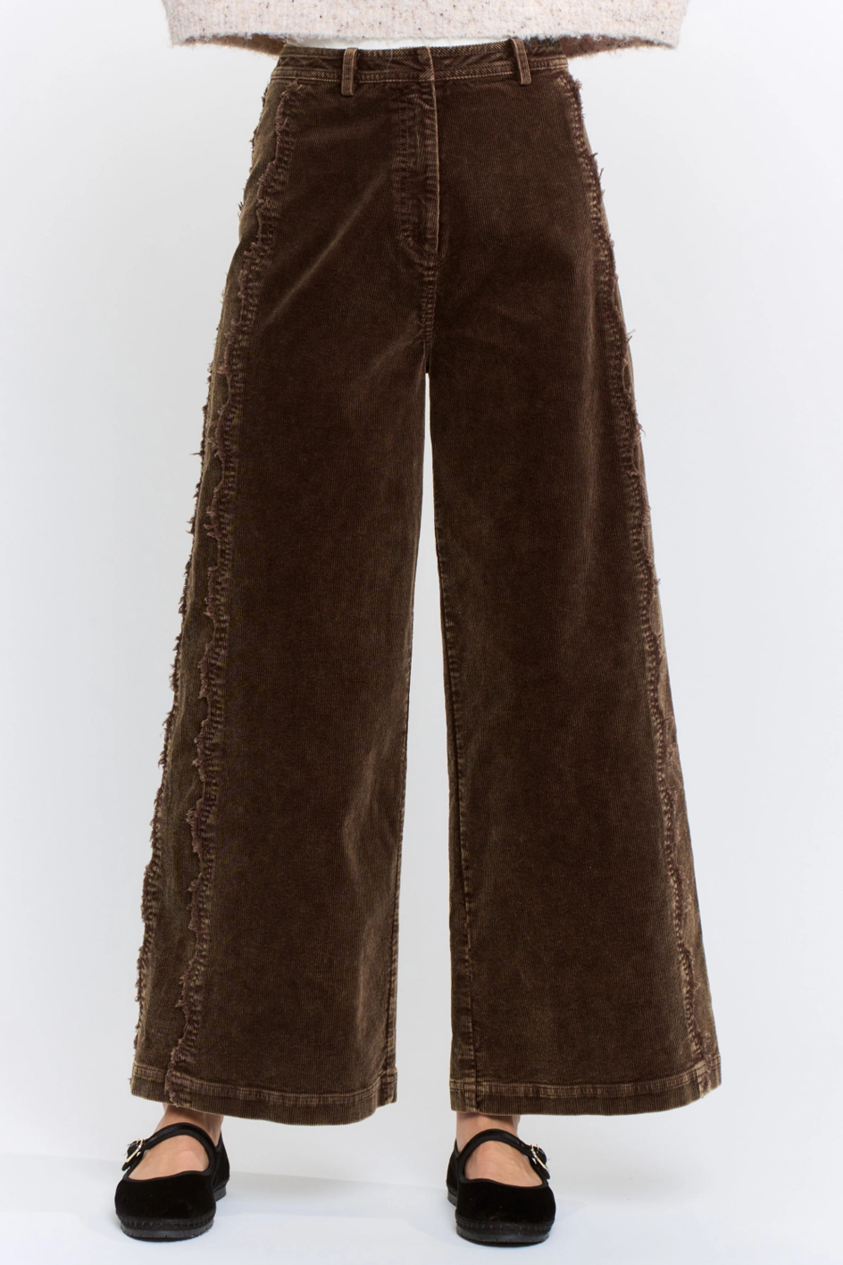 Wide-Leg Corduroy High-Rise Scalloped Trousers - Brown