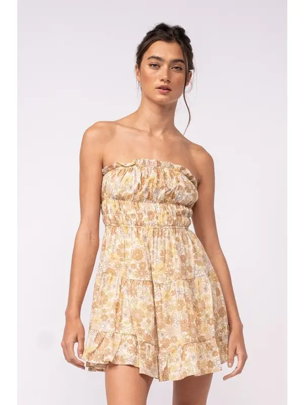 Floral Strapless Ruffle Trim Smocked Mini Dress