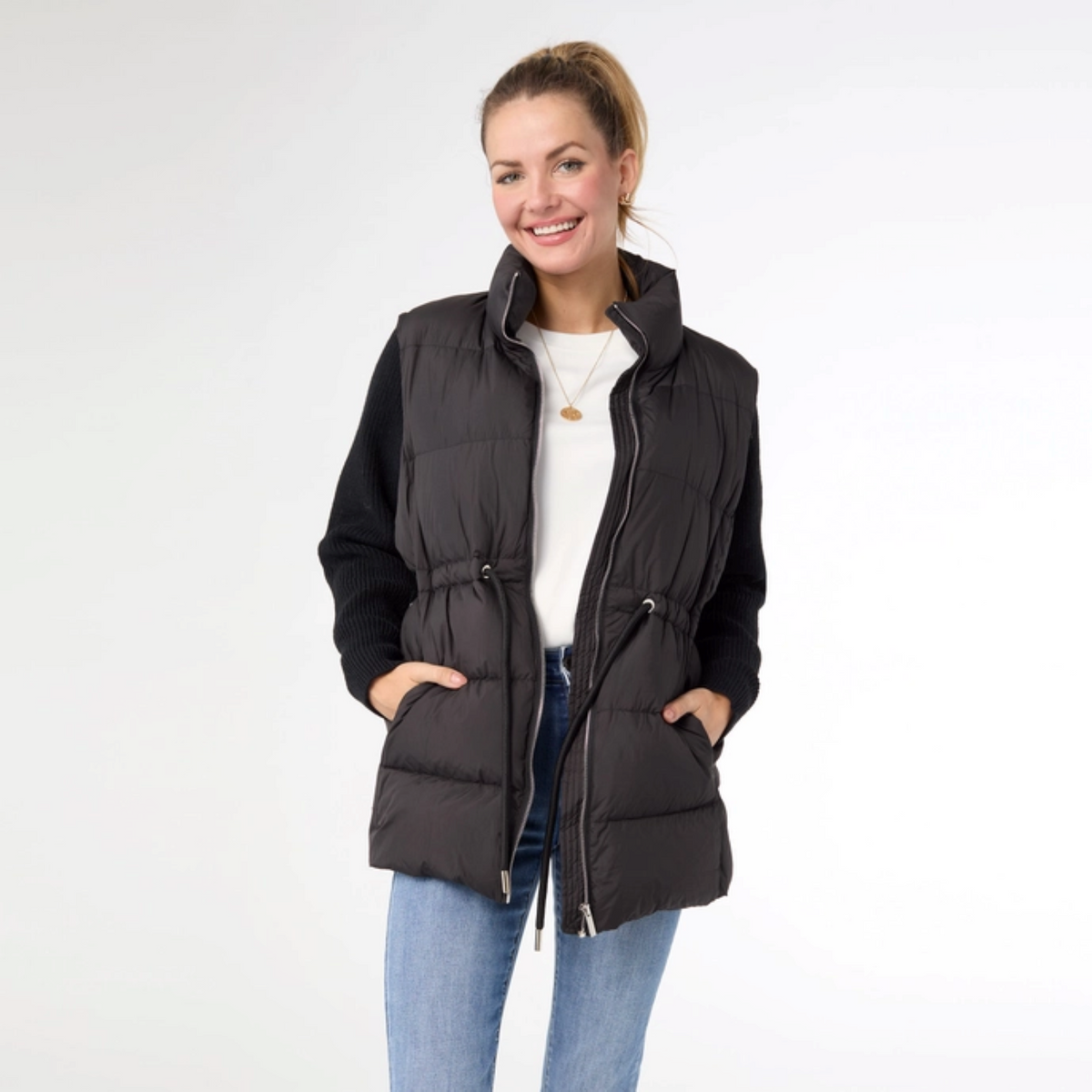 Claire Down Puffer Jacket with Knit Sleeve - Black