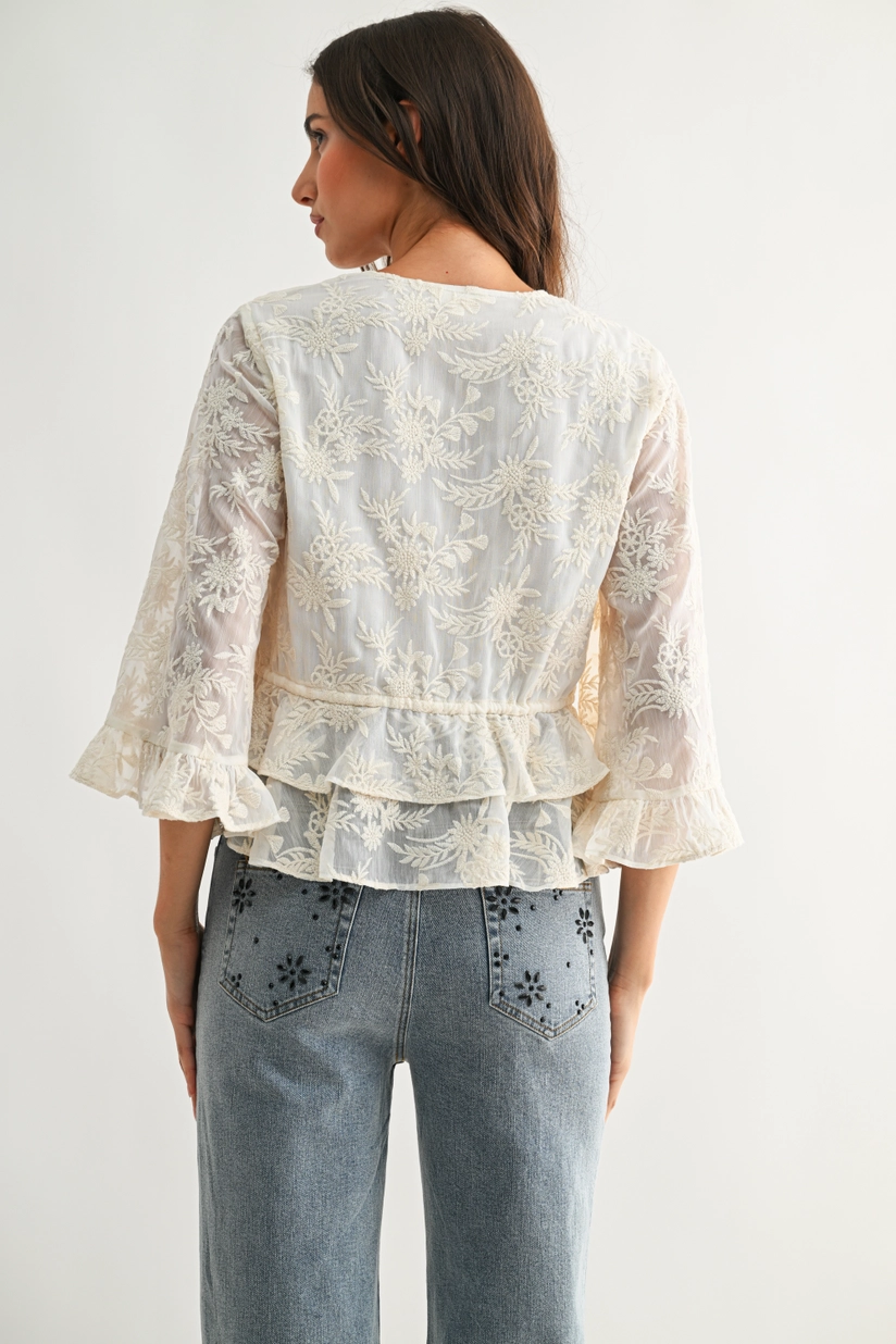 Boho Lace Embroidered Sheer Blouse with Flowy Bell Sleeve