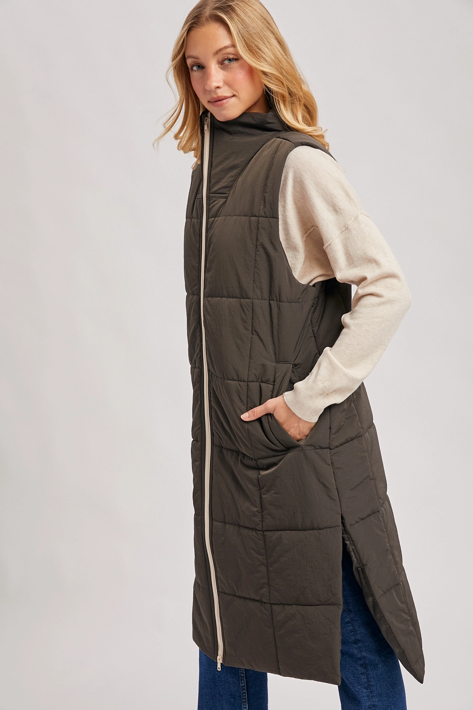Quilted Longline Puffer Vest - Ash