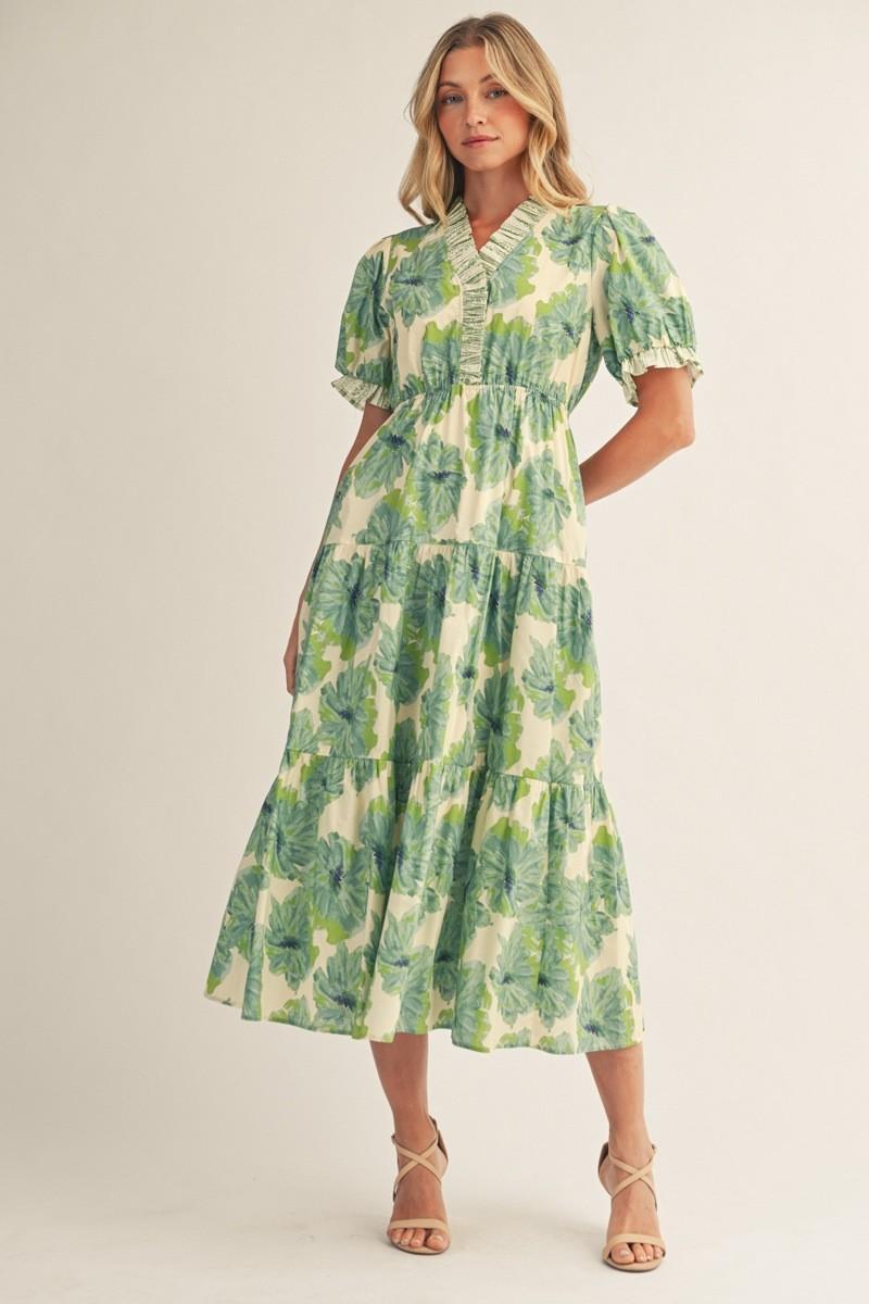 Ruffled Neckline Tiered Floral Midi Dress - Green Mix