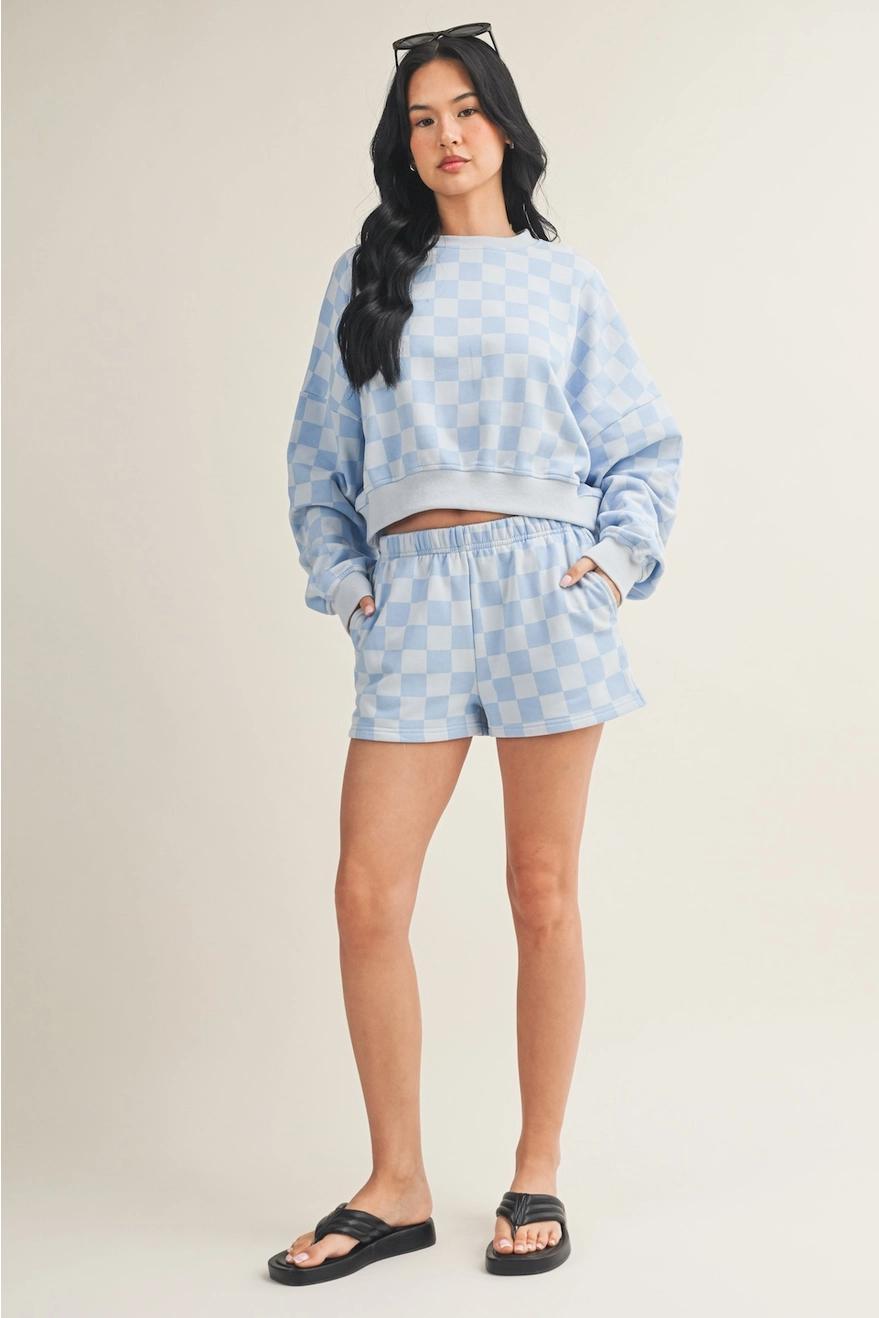 Checkered Print Crewneck Crop Sweatshirt