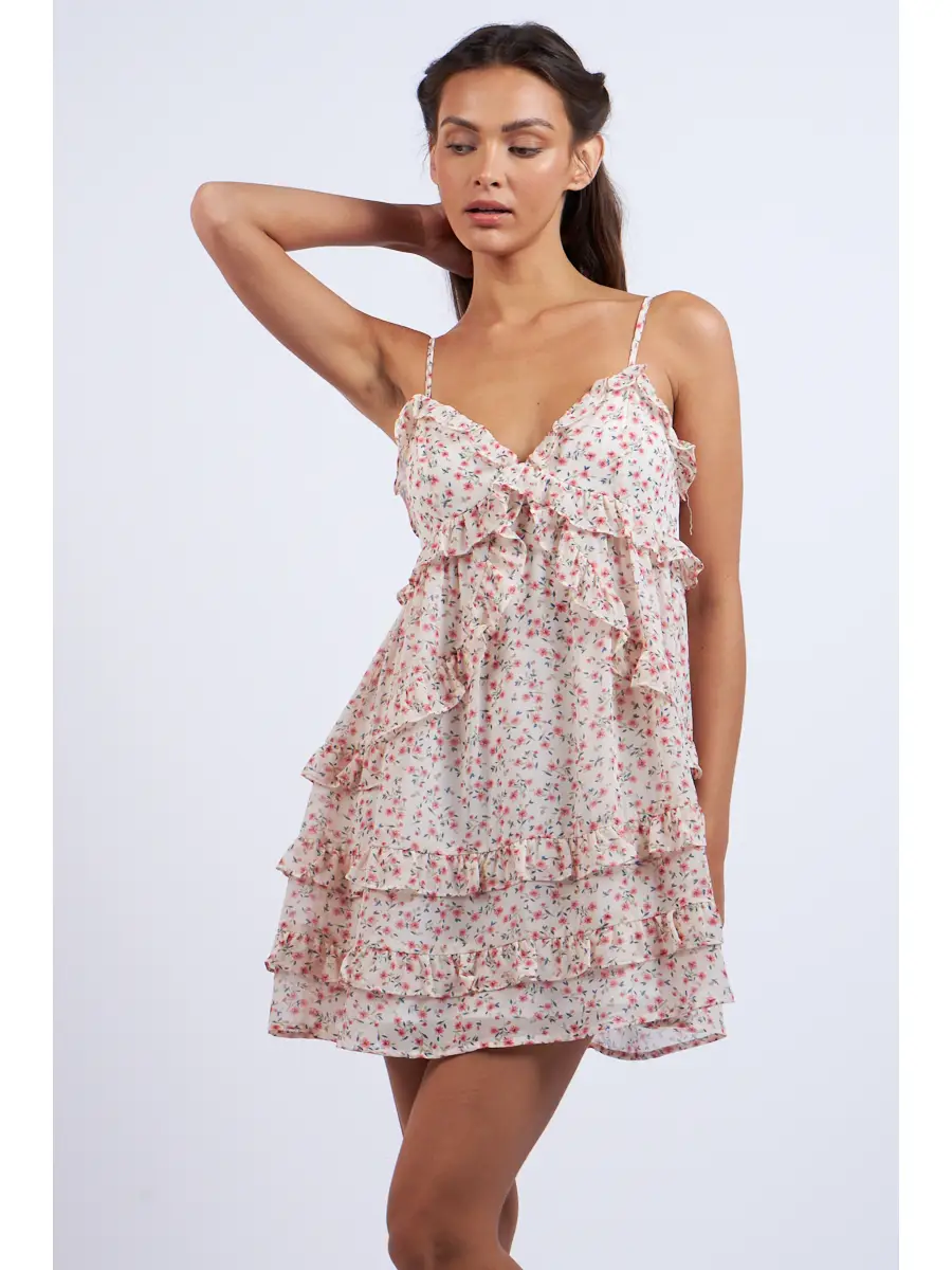 Pink Floral Sleeveless Tiered Ruffle Mini Dress